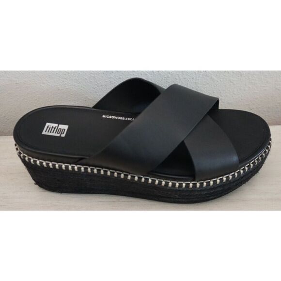 FitFlop Women's Sz 9 Black Eloise Espadrille Leather Wedge Cross Slides - Picture 7 of 15